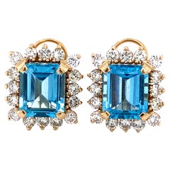 11,76 Karat Blauer Topas und 3,25 Karat Diamant-Ohrringe aus 14 Karat Gelbgold