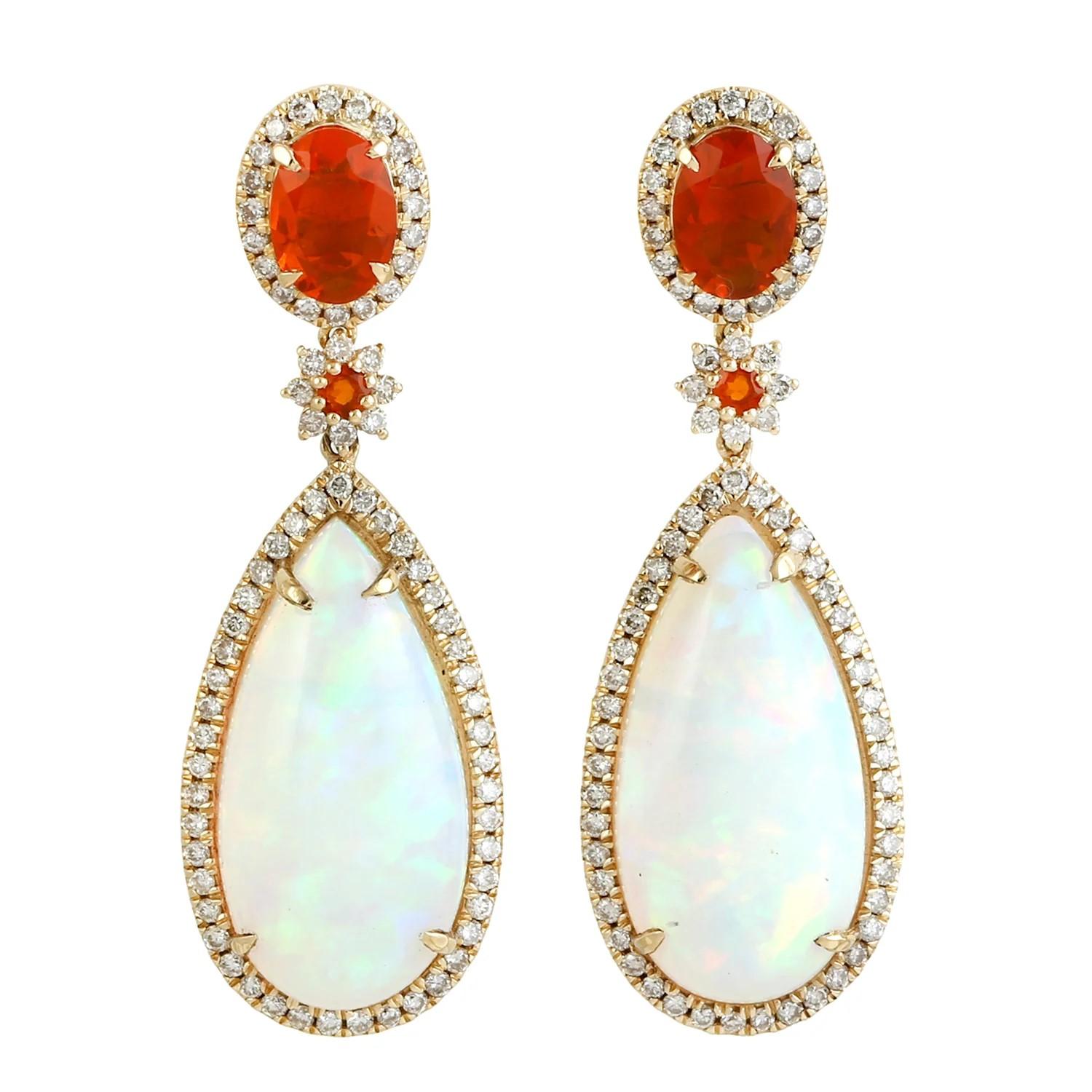 Artisan 11.76 carat Ethiopian Opal Fire Opal Diamond 18 Karat Gold Earrings For Sale