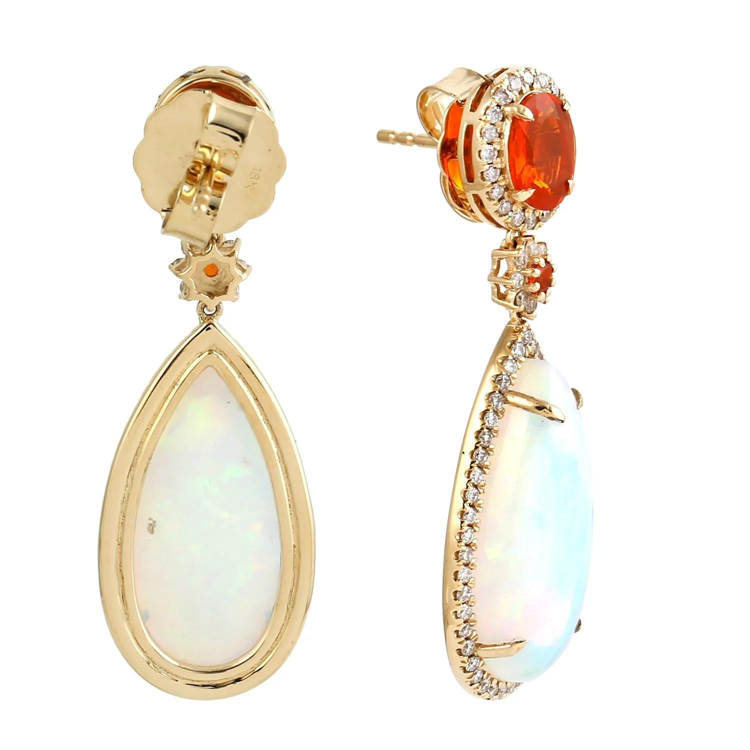 Mixed Cut 11.76 carat Ethiopian Opal Fire Opal Diamond 18 Karat Gold Earrings For Sale
