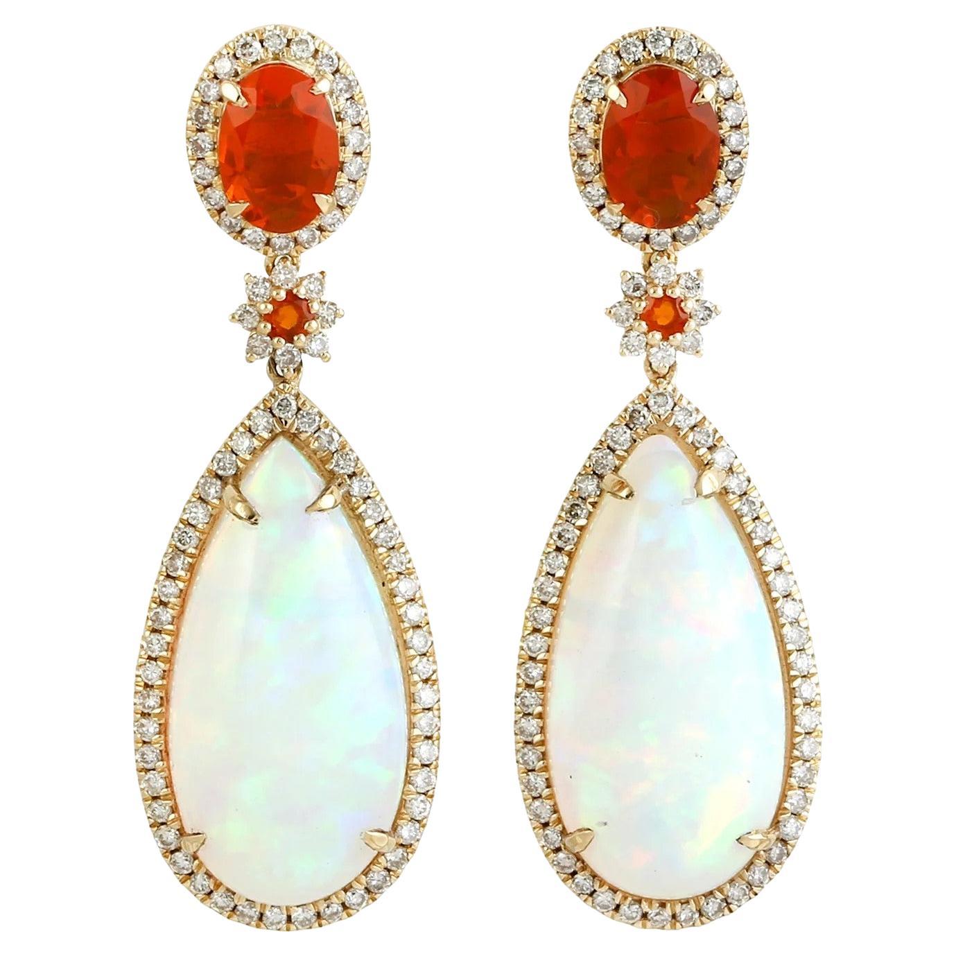 11.76 carat Ethiopian Opal Fire Opal Diamond 18 Karat Gold Earrings For Sale