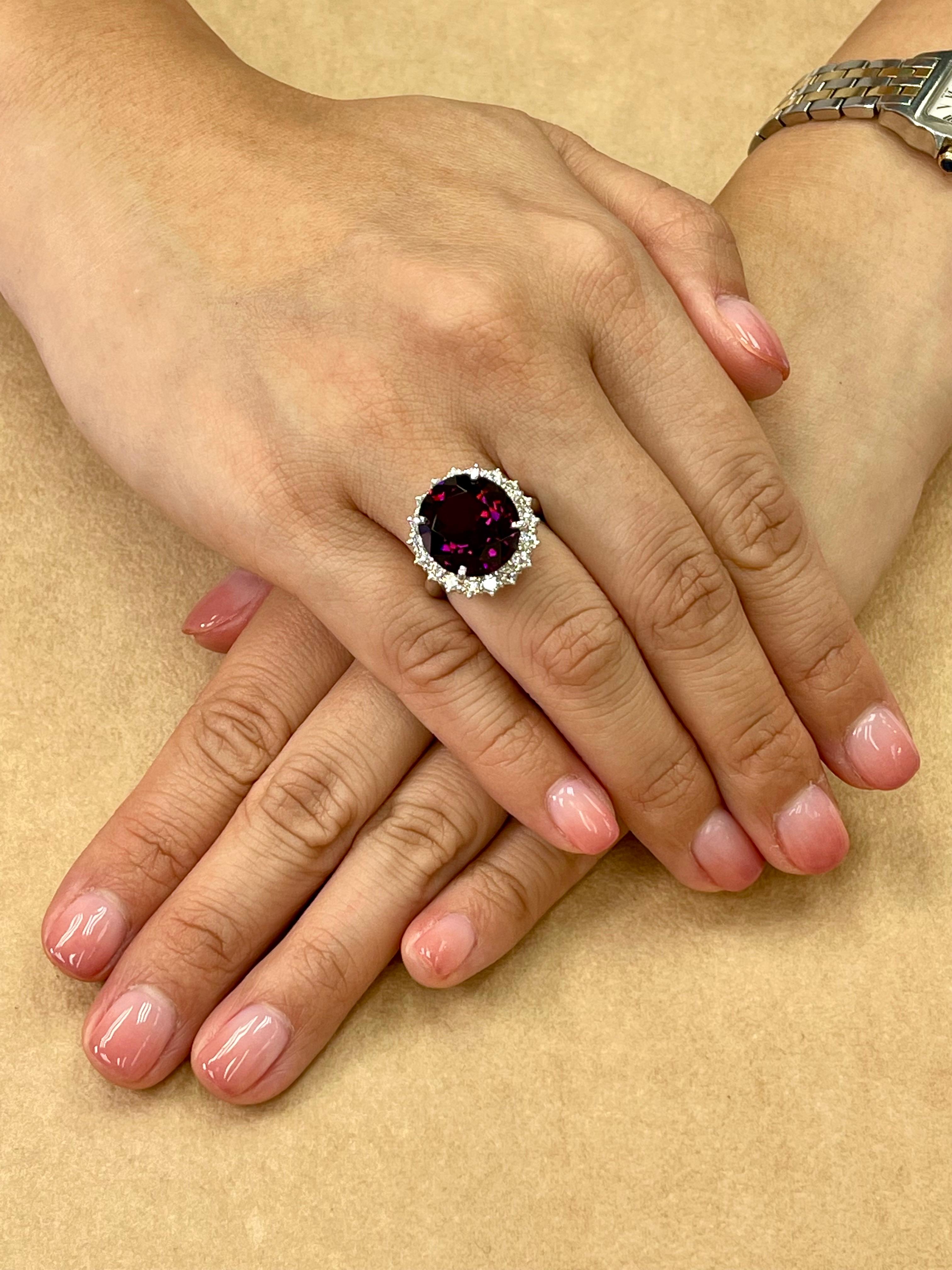 Women's 11.76 Carat Natural Rhodolite Garnet & Diamond Cocktail Ring, Statement Ring