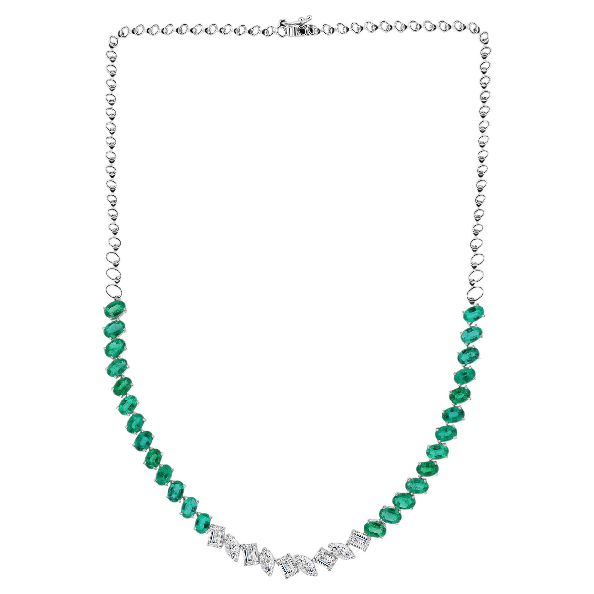 11.76 Ct Zambian Emerald 6.94 Ct Natural Diamond Tennis Necklace 18K White Gold
