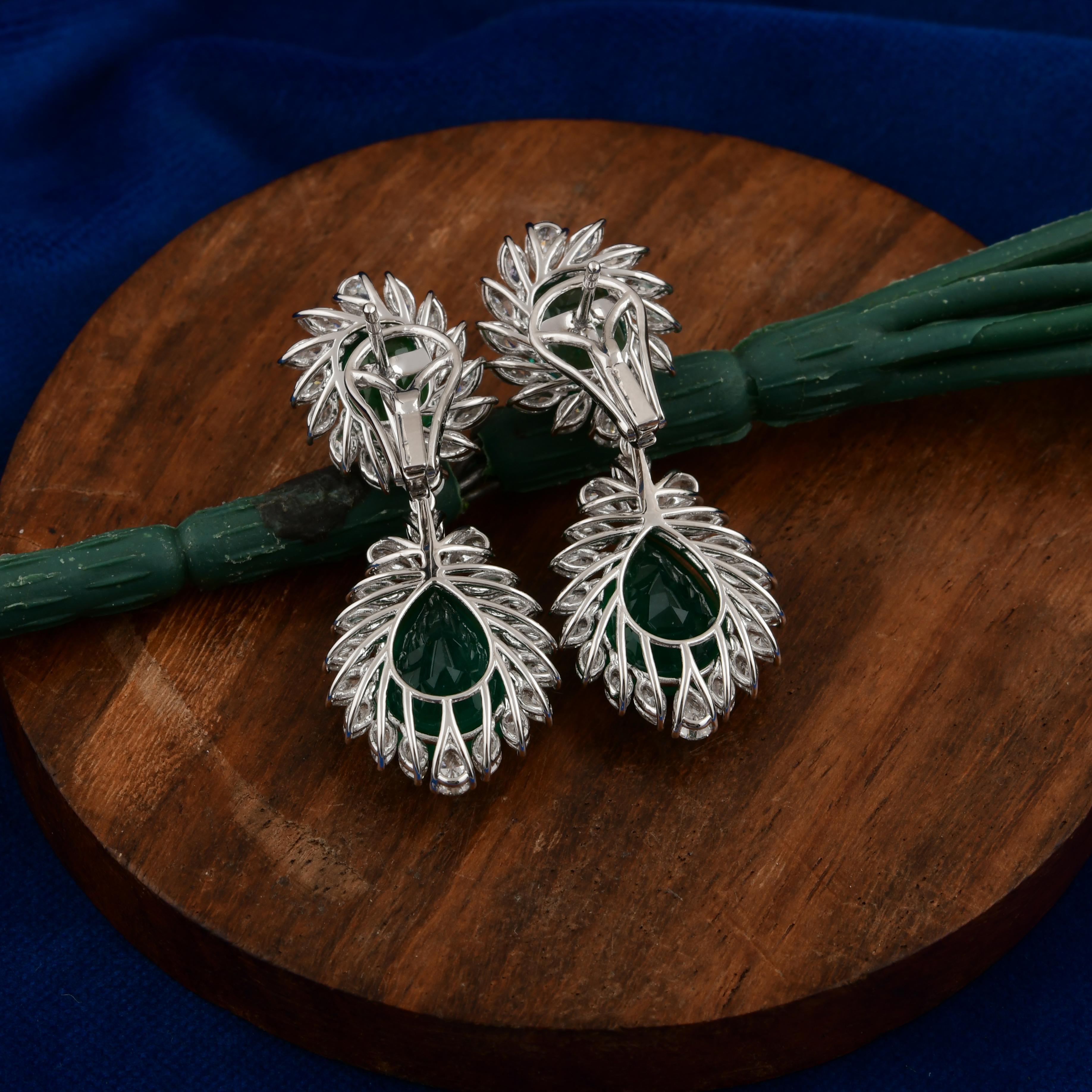 Pear Cut 11.78cts Zambian Emerald 4.10cts SI/H Diamond Dangle Earrings 14k White Gold For Sale