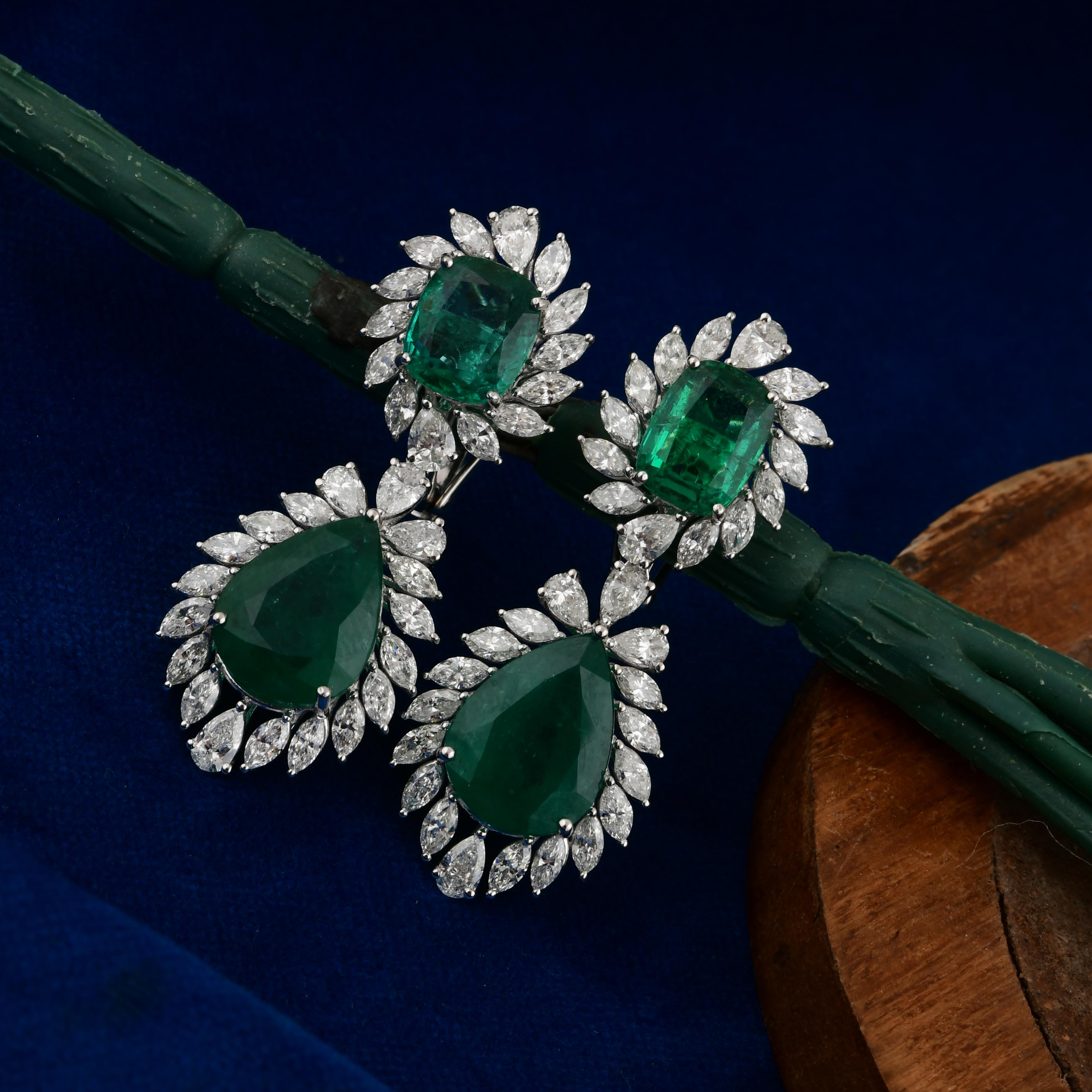 Women's 11.78cts Zambian Emerald 4.10cts SI/H Diamond Dangle Earrings 14k White Gold For Sale