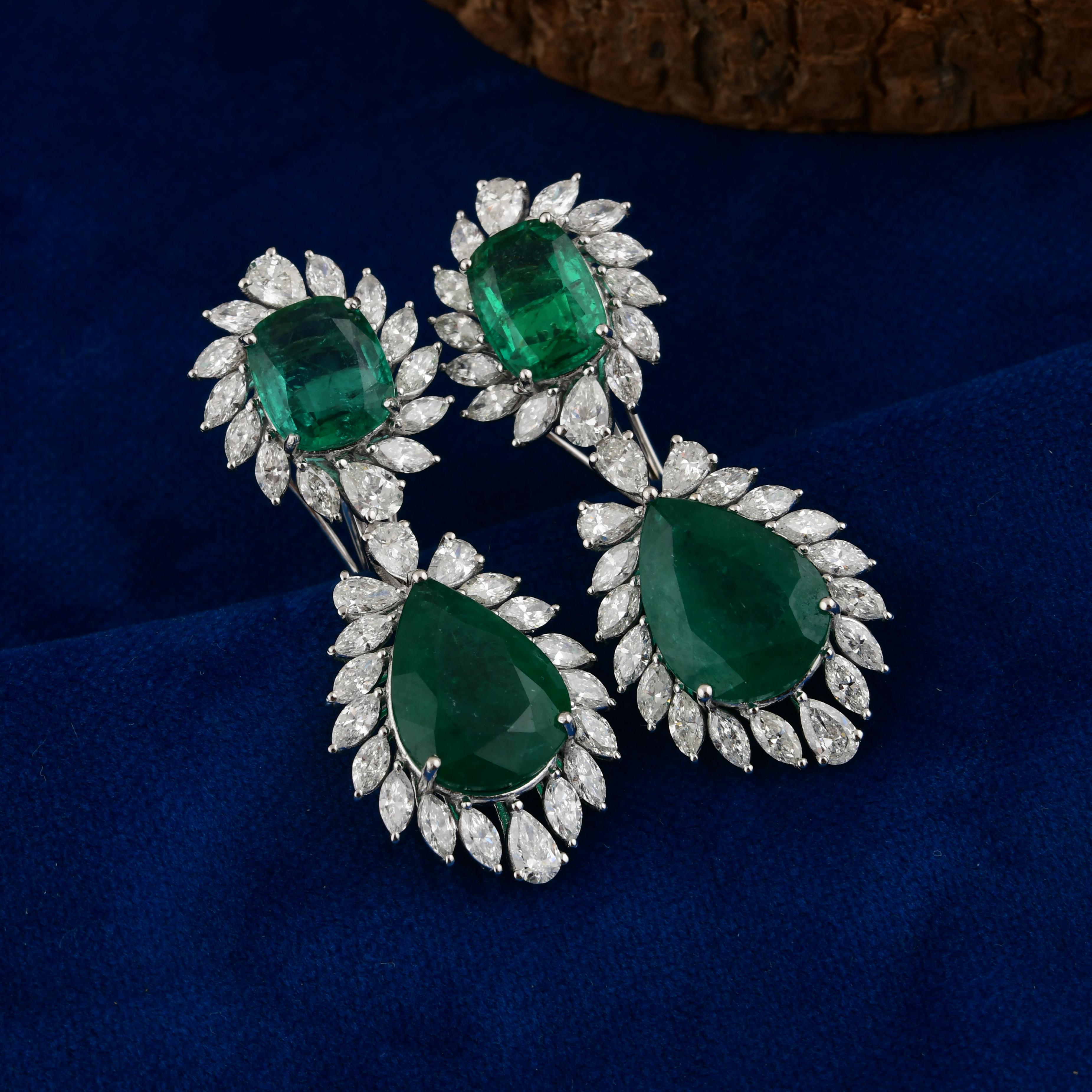 11.78cts Zambian Emerald 4.10cts SI/H Diamond Dangle Earrings 14k White Gold For Sale 1