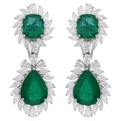 11.78cts Zambian Emerald 4.10cts SI/H Diamond Dangle Earrings 14k White Gold