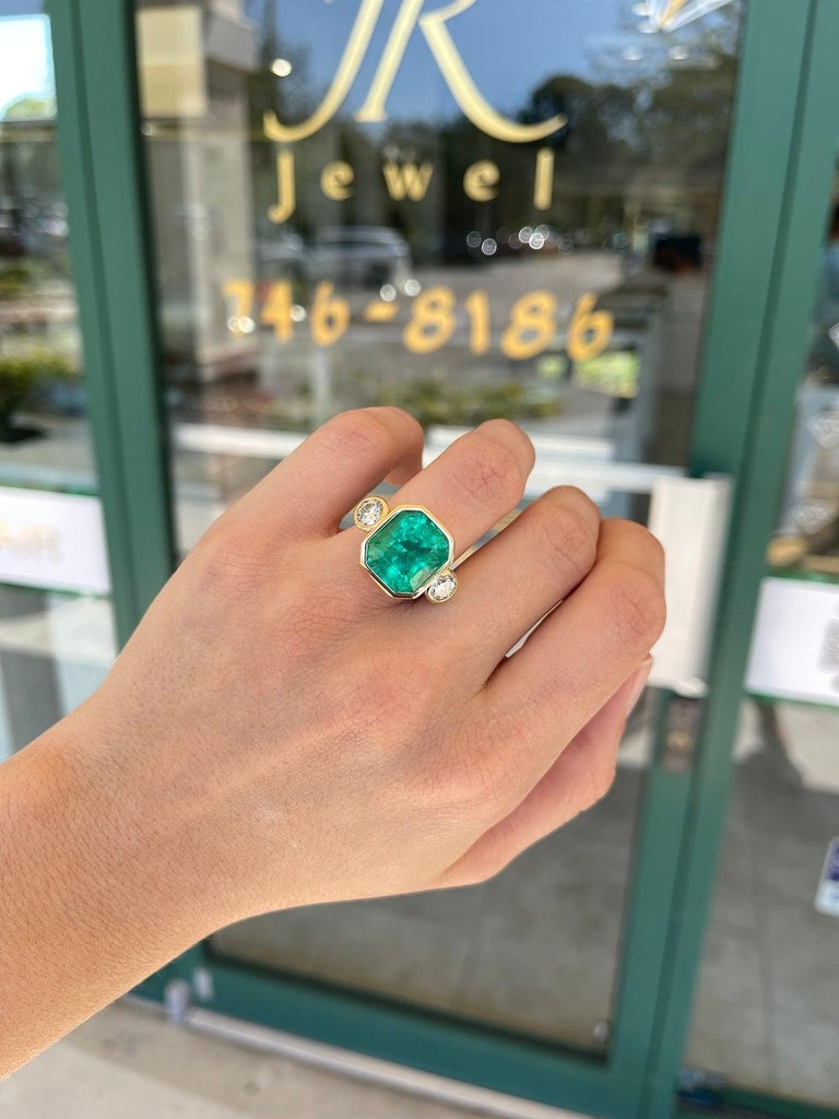 11.79tcw 18K Three Stone Colombian Emerald Cut & Round Diamond Engagement Ring 5