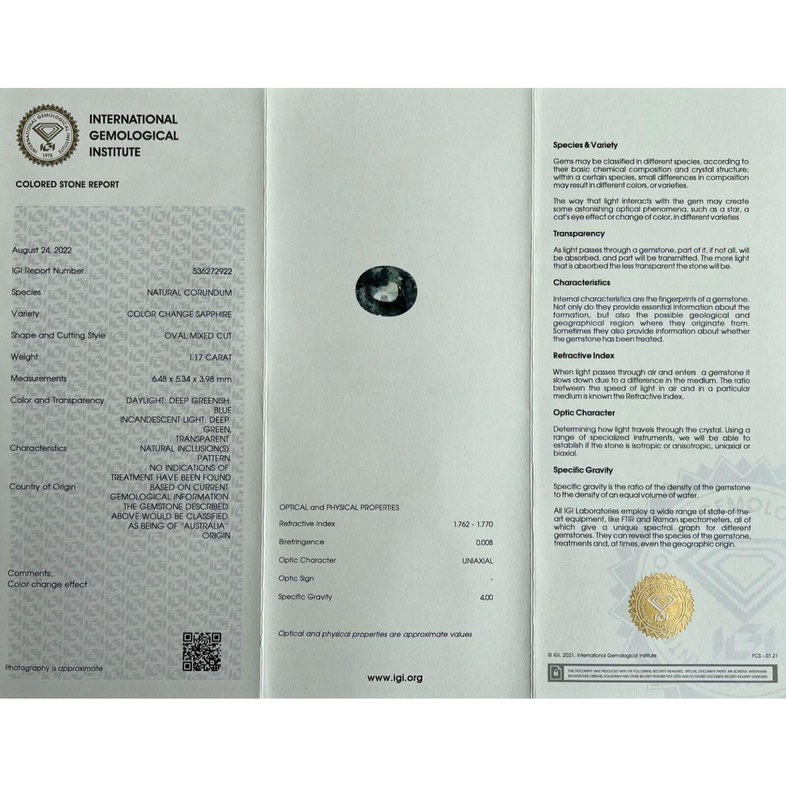 Saphir bleu foncé non chauffé taille ovale certifié IGI de 1,17 carat avec changement de couleur en vente 4