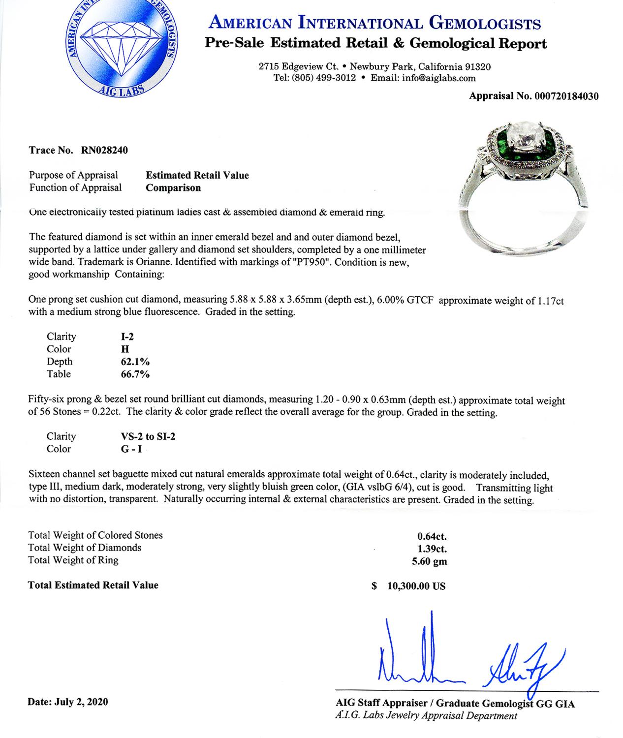 1.17ct Diamond and 0.64ctw Emerald Platinum Ring '1.39ctw Diamonds' In New Condition For Sale In Calabasas, CA