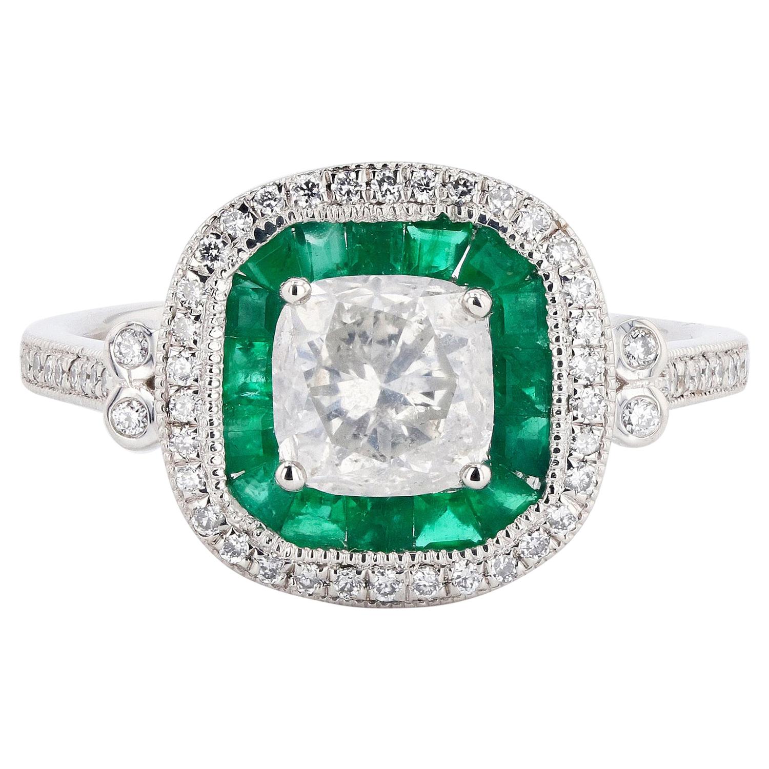 1.17ct Diamond and 0.64ctw Emerald Platinum Ring '1.39ctw Diamonds' For Sale