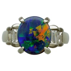 1.17ct FINE Australian Black Opal & Baguette Diamond Five Stone Platinum Ring
