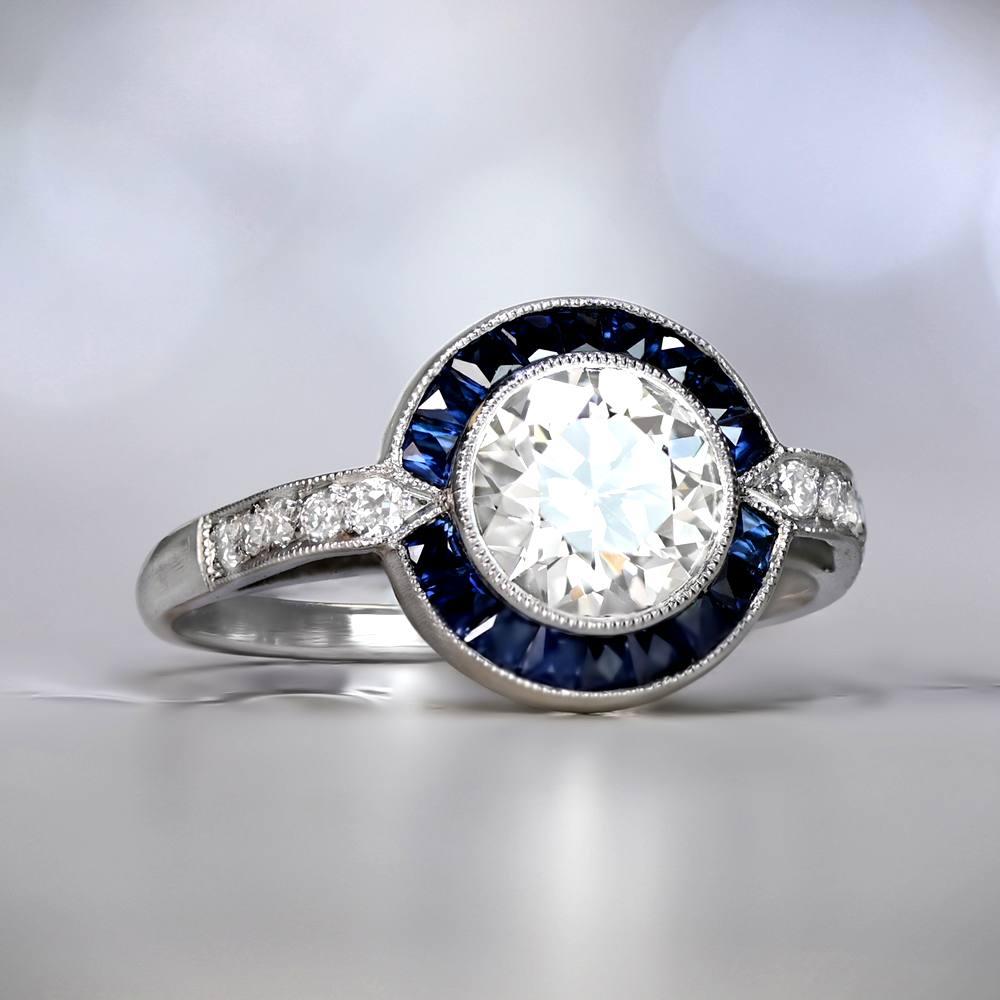 Art Deco 1.17 Carat Old Euro-Cut Diamond Engagement Ring, VS1 Clarity, Sapphire Halo For Sale