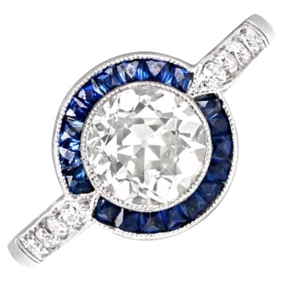1.17 Carat Old Euro-Cut Diamond Engagement Ring, VS1 Clarity, Sapphire Halo For Sale
