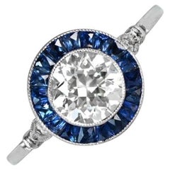 1.17ct Old European Cut Diamond Engagement Ring, Sapphire Halo, Platinum