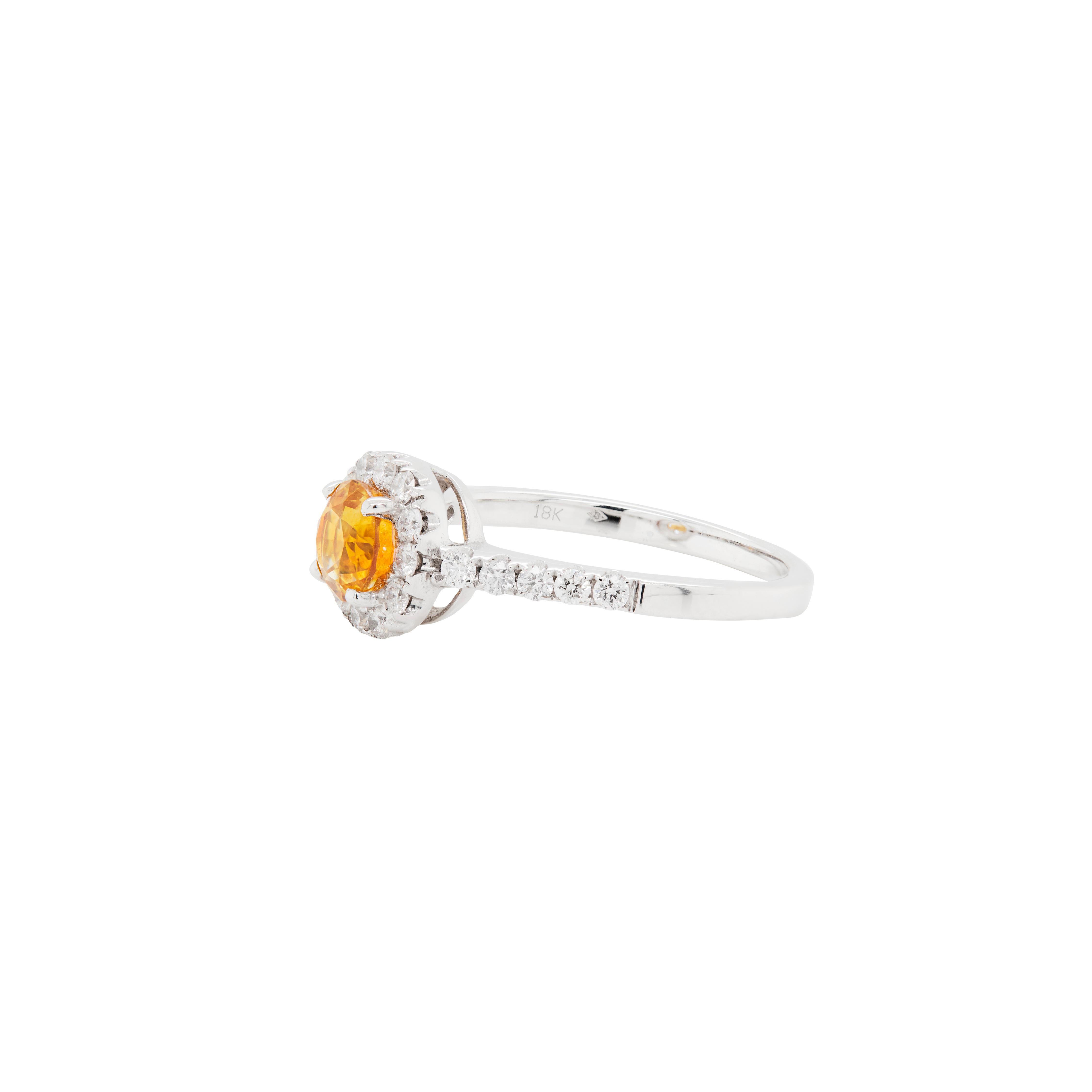 Preparati a innamorarti di questo anello di fidanzamento a grappolo in oro bianco da 18 carati, una bellezza senza tempo in ogni dettaglio.

Il cuore dell'anello è costituito da un vibrante zaffiro rotondo in una ricca tonalità ambra-dorata,