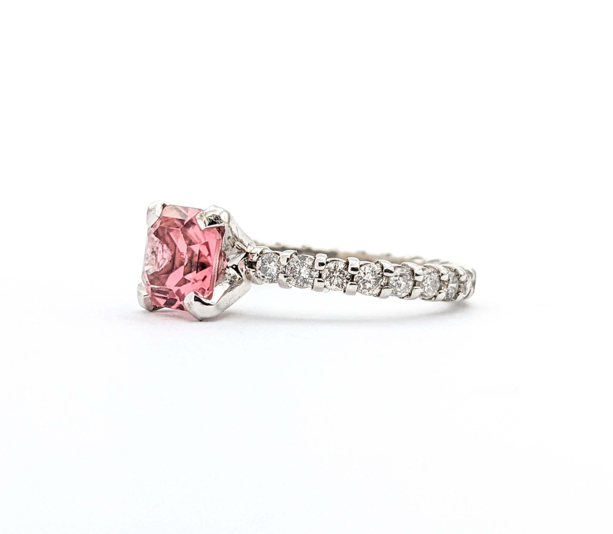 1.17ct Pink Tourmaline & Diamond Ring In White Gold

Discover the allure of our stunning ring, masterfully crafted in 14kt white gold. This exquisite piece showcases .60ctw of sparkling diamonds, each with I1 clarity and H-I color, radiating