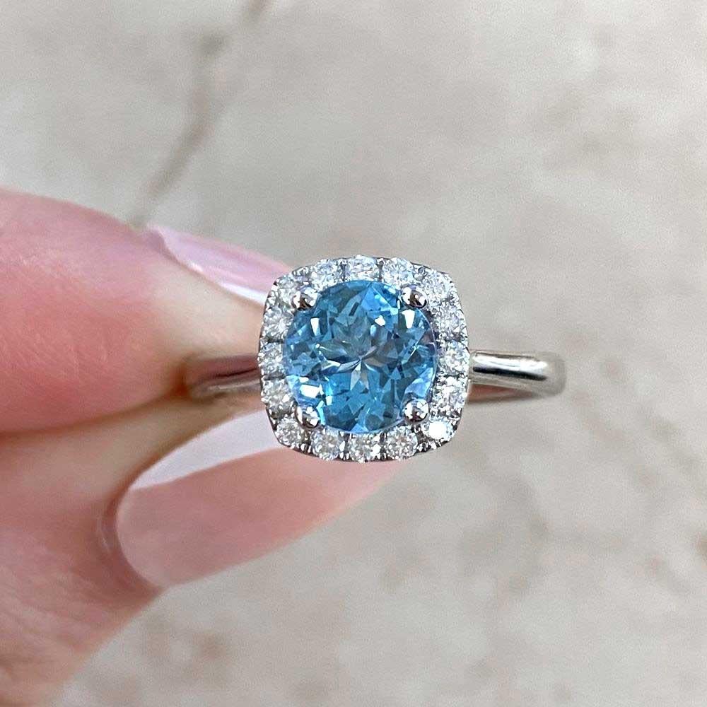 1.17ct Round Cut Natural Aquamarine Cluster Ring, Diamond Halo, 18k White Gold For Sale 5