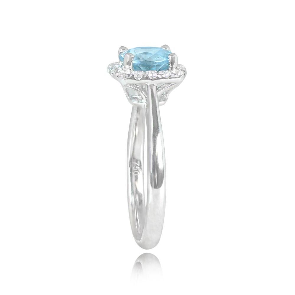 Art Deco 1.17ct Round Cut Natural Aquamarine Cluster Ring, Diamond Halo, 18k White Gold For Sale