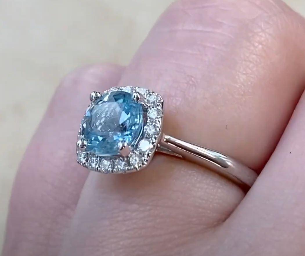 1.17ct Round Cut Natural Aquamarine Cluster Ring, Diamond Halo, 18k White Gold For Sale 1
