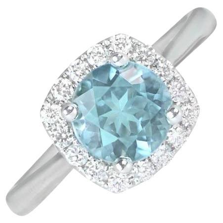 1.17ct Round Cut Natural Aquamarine Cluster Ring, Diamond Halo, 18k White Gold For Sale