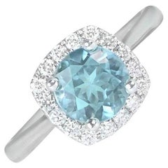 1.17ct Round Cut Natural Aquamarine Cluster Ring, Diamond Halo, 18k White Gold