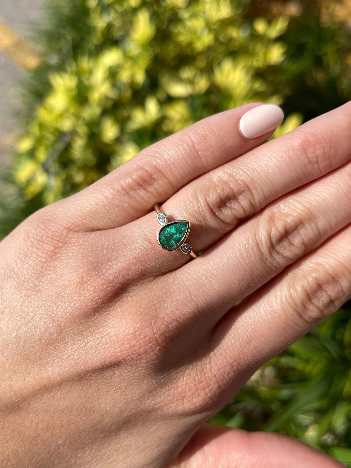 Modern 1.17tcw 14K Genuine Emerald-Pear Cut & Diamond Marquise Three Stone Bezel Ring For Sale
