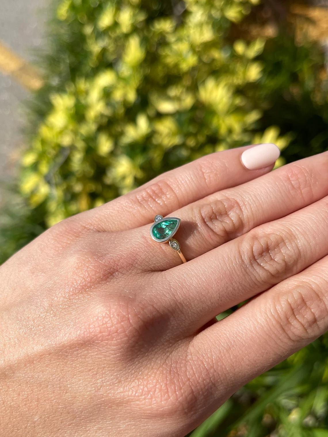 1.17tcw 14K Genuine Emerald-Pear Cut & Diamond Marquise Three Stone Bezel Ring In New Condition For Sale In Jupiter, FL