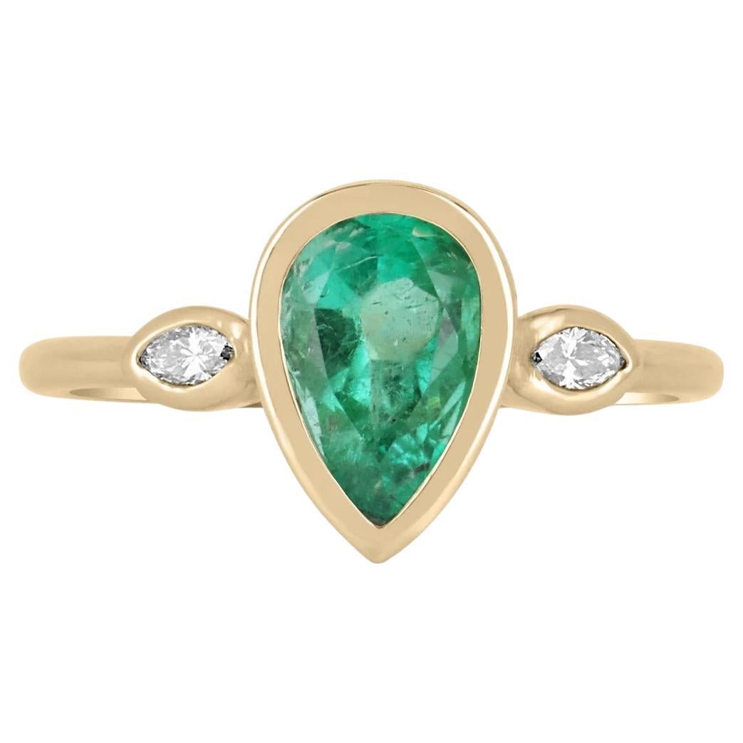 1.17tcw 14K Genuine Emerald-Pear Cut & Diamond Marquise Three Stone Bezel Ring For Sale