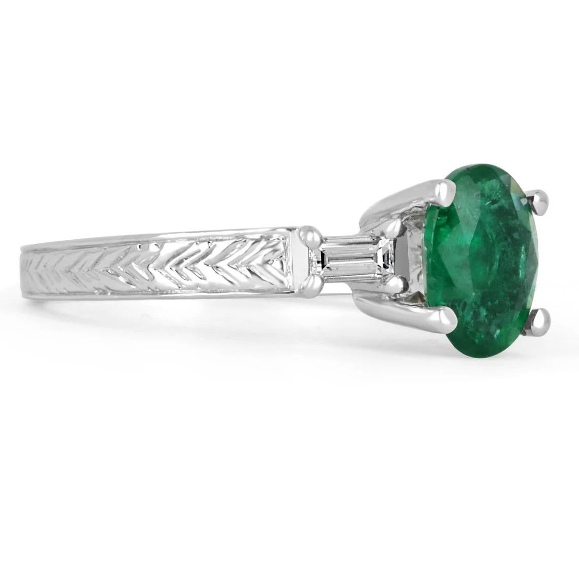 An extraordinary natural oval cut emerald and diamond ring. Crafted in gleaming 14K white gold, this ring features a vivacious, 1.06-carat natural oval cut emerald as the center stone. Set in a secure four-prong setting, this emerald has a vivid