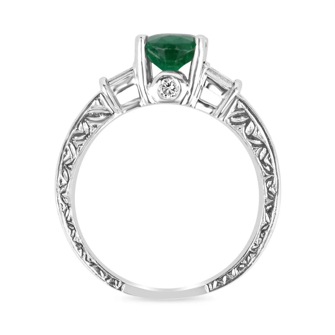 Modern 1.17tcw 14K Five Stone Natural Emerald-Oval Cut & Diamond Baguette Ring For Sale