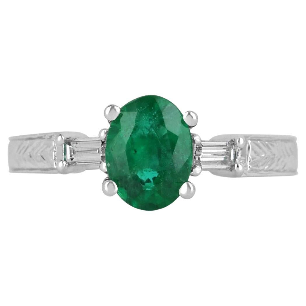 1.17tcw 14K Five Stone Natural Emerald-Oval Cut & Diamond Baguette Ring For Sale
