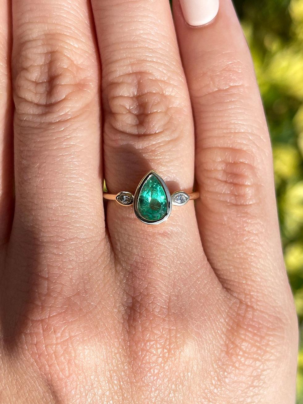 1.17tcw 14K Genuine Emerald-Pear Cut & Diamond Marquise Three Stone Bezel Ring For Sale 2