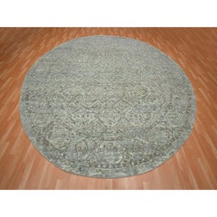 11'7"x11'7" Gray Hand Knotted Erased and Broken Garden Design Wool Round Rug