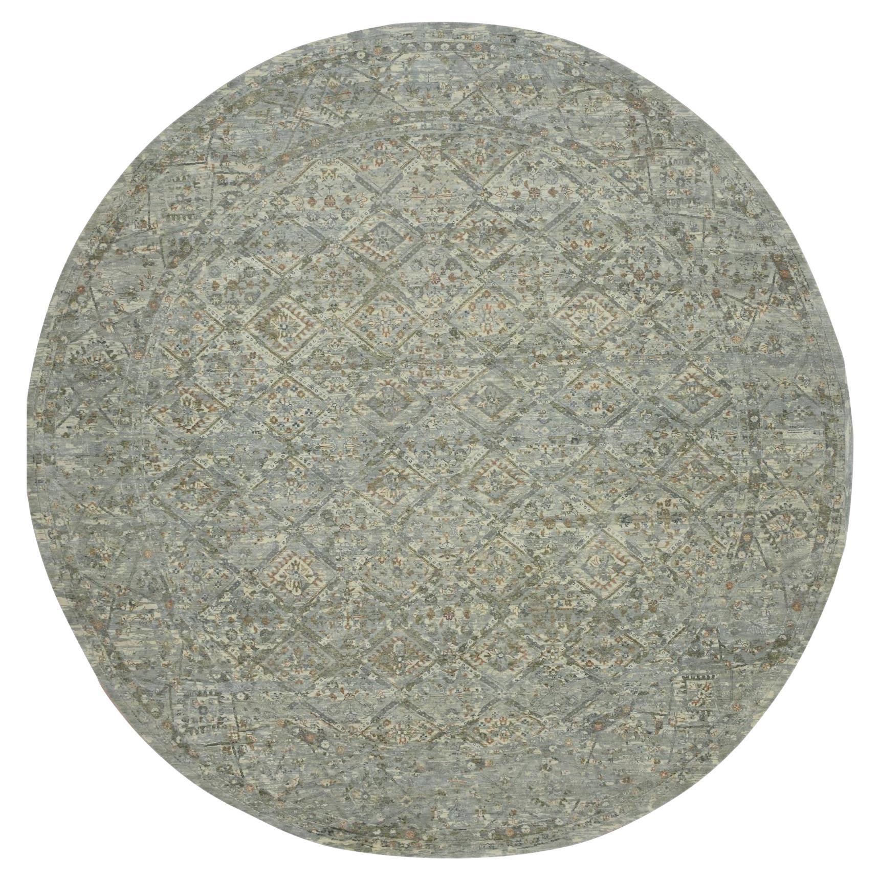 11
7"x11
7" Gray Hand Knotted Erased and Broken Garden Design Wool Round Rug
