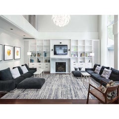 11'7"x14'10" Ivory Modern Striae Design Silk with Wool Hand Knotted Oriental Rug