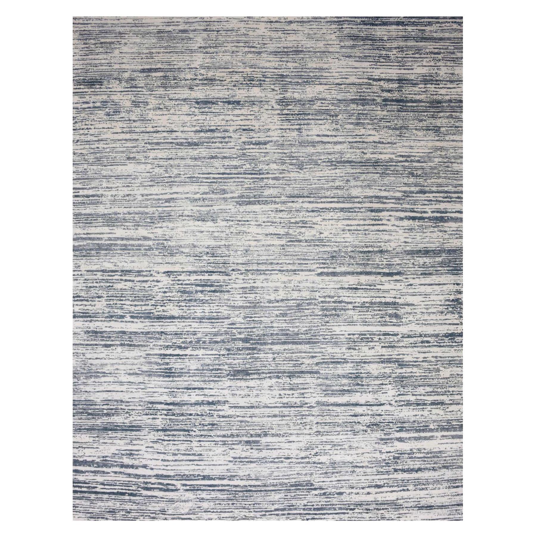 11'7"x14'10" Ivory Modern Striae Design Silk with Wool Hand Knotted Oriental Rug