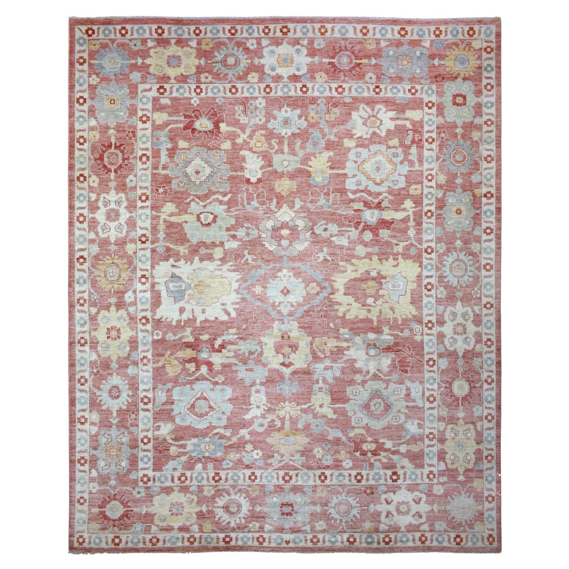 11'7 "x14'6" Rosso Corallo, Angora Ushak Soft Wool, Tappeto sovradimensionato annodato a mano in vendita