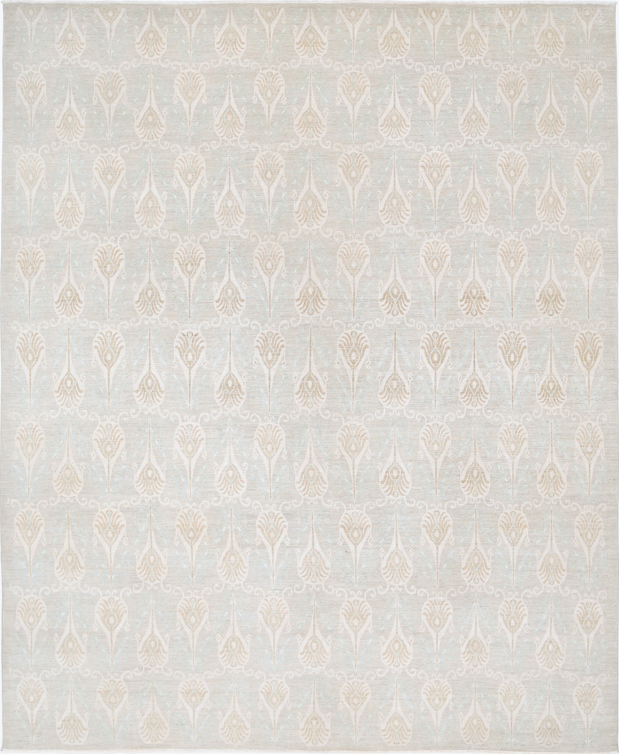 11.7x14.6 ft Handknotted Beige Large Area Rug. Repeating Ornamental Motif Carpet