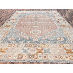 Tappeto in lana annodato a mano, 3,53 m x 4,44 m, design "Anatolian Village" in azzurro, senza pelo