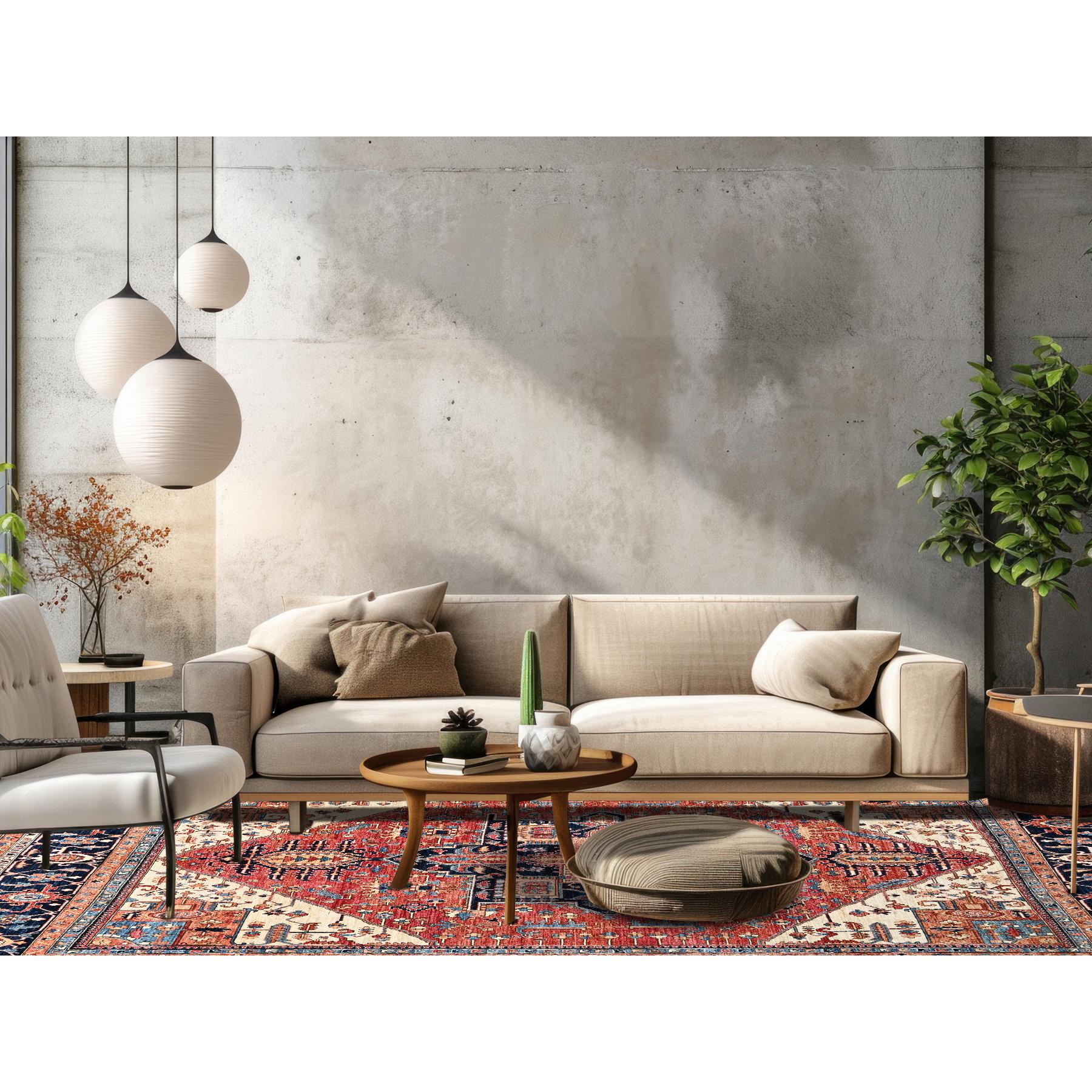 Summer Fig Red, Aryana Collection, Serapi Heriz with Geometric Medallion Design, Vegetable Dyes, Soft Pile, High Mountain Wool, Hand Knotted, Densely Woven, Oversized, Oriental Rug
Primary materials: Wool
Latex: No Pile 
height: 0.25 Inches
Style: