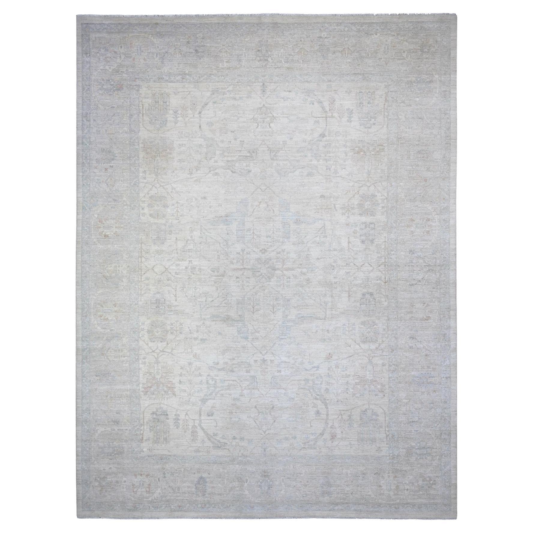 11'7 "x15' Blanco, Peshawar Lavado, Anudada a Mano, Lana Pura, Alfombra Sobredimensionada
