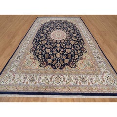 11'7"x15'7" Polo Blue Wool-Silk Nain Medallion Design Hand Knotted Oriental Rug