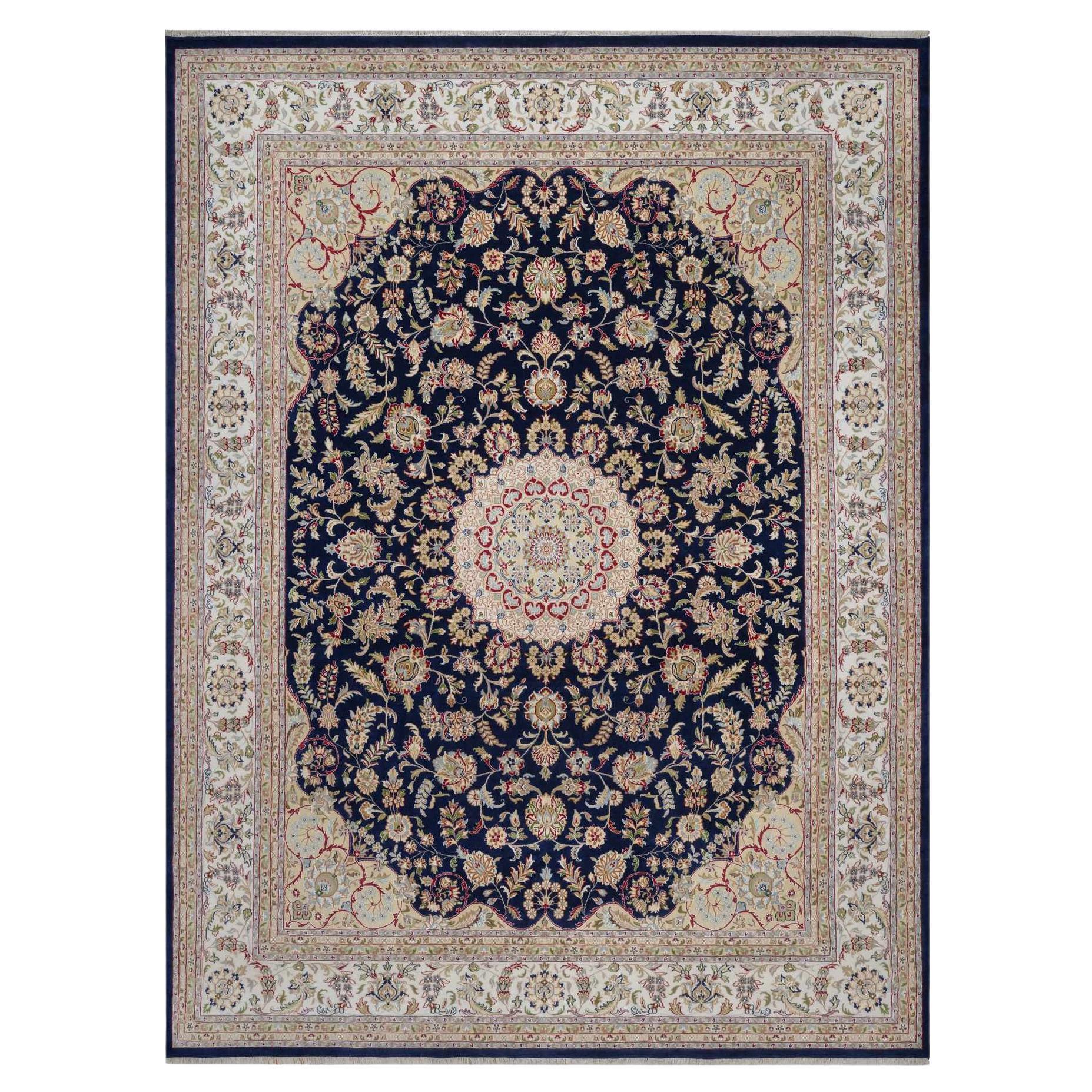 11
7 "x15
7" Polo Blu Lana-Seta Nain Medallion Design annodato a mano Tappeto Orientale