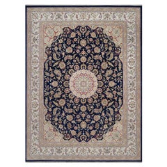 11
7 "x15
7" Polo Blu Lana-Seta Nain Medallion Design annodato a mano Tappeto Orientale