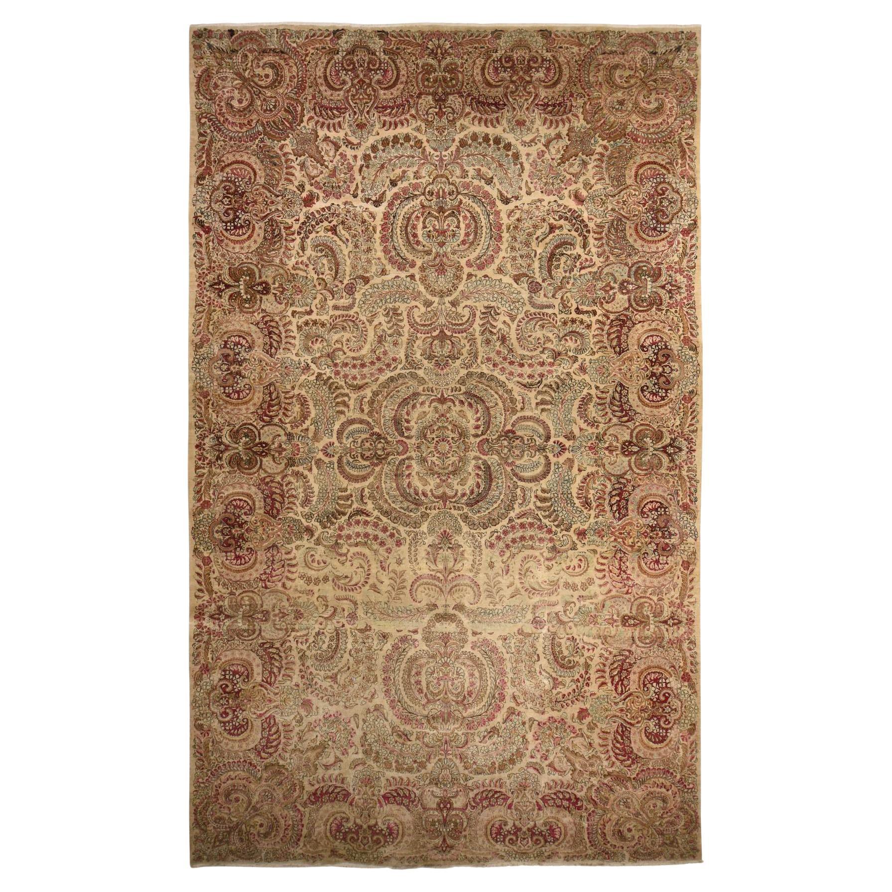 11'7 "x19'3" Alfombra Persa Antigua Kerman Blanco Hueso 100% Lana Anudada a Mano Años 30 en venta