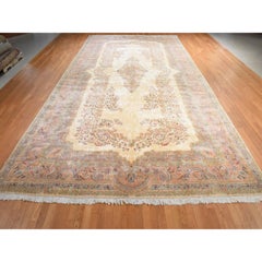 11'7"x22'2" Ivory Vintage Persian Kirman XL Hand Knotted Wool Pile Clean Rug