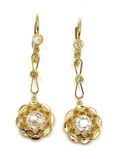 1.18 Carart Old European Cut Diamond and 18 Karat Yellow Gold Dangle Earrings