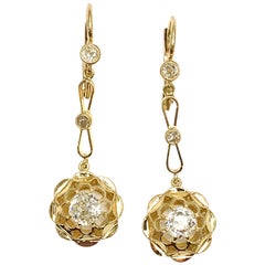 Vintage 1.18 Carart Old European Cut Diamond and 18 Karat Yellow Gold Dangle Earrings