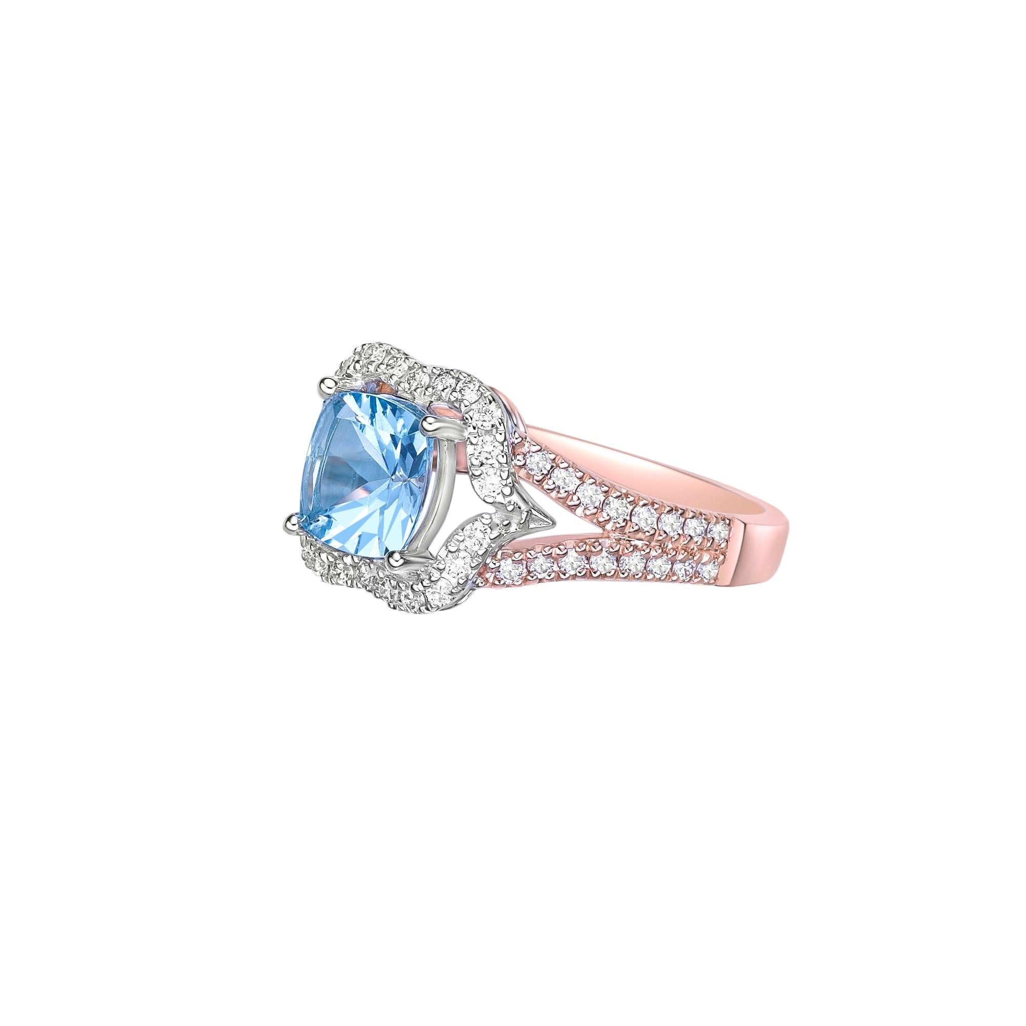 Cushion Cut 1.18 Carat Aquamarine Fancy Ring in 18Karat White Rose Gold with White Diamond. For Sale
