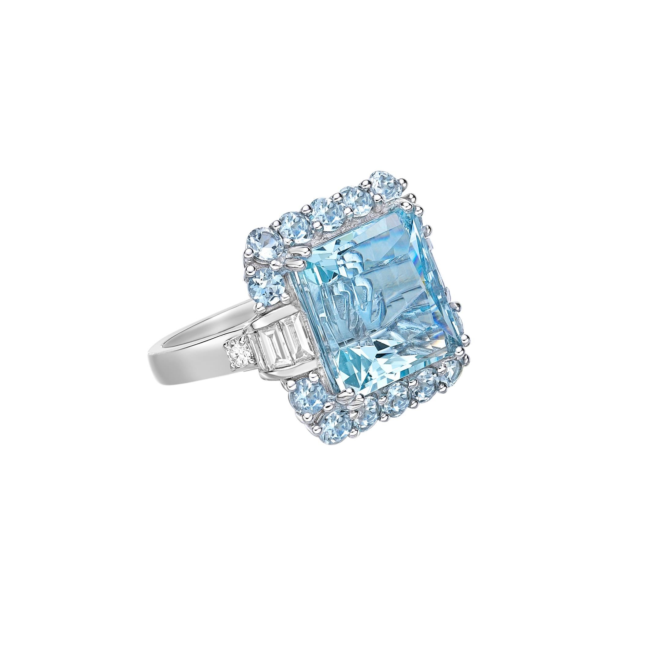 This collection features an array of aquamarines with an icy blue hue that is as cool as it gets! Accented with diamonds these rings are made in white gold and present a classic yet elegant look. 

11.8 Carat Aquamarine, Rhodolite and Diamond Ring